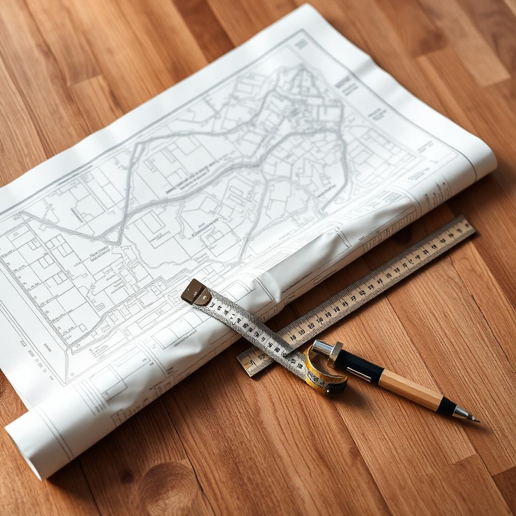 Kadastrale kaart met perceelgrenzen, een rolmaat en houten liniaal op een werktafel